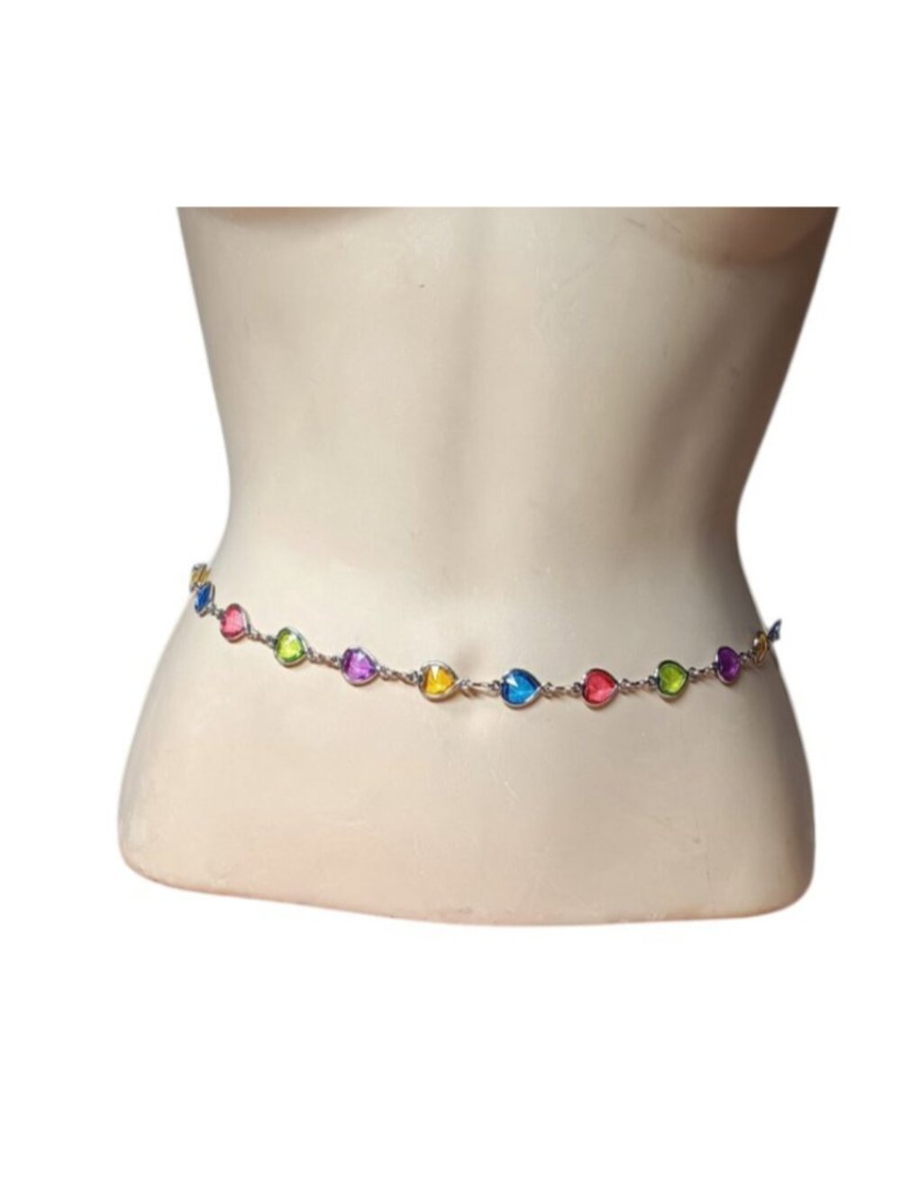 Jewelry Belt Colorful Heart Bezels set on a silver-Tone Chain 36" -38" Waist